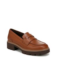 Brown leather loafers with a rounded toe, dual band detailing, perforated accents, and a chunky, cleated outsole.