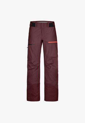 Dunkelburgunderfarbene wasserdichte Hose mit schwarzen verstellbaren Taillenriemen, mehreren mit Reißverschluss versehenen Taschen sowie verstärkten Knie- und Knöchelbereichen.