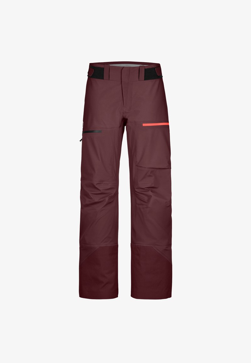 Dark burgundy waterproof pants with black adjustable waist straps, multiple zippered pockets, and reinforced knee and ankle sections.