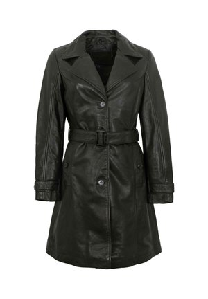 Schwarzer kniehoher Ledertrenchcoat mit breiten Revers, Knopfleiste, tailliertem Gürtel sowie geknöpften Ärmel- und Taschenabschlüssen.