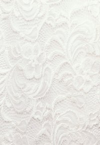 Bela čipkasta tkanina, ki vsebuje zapletene cvetlične vzorce in tekoče oblike, z teksturiranim videzom in nežnimi, odprtimi tkaninami.