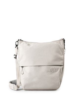 Lichtbeige crossbodytas met verstelbare riem, ritsvak aan de voorkant, geperst "a/u" logo en ritssluiting bovenaan tegen een witte achtergrond.