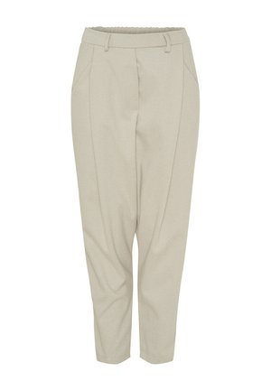 Lys beige bukser med et fiskebensmønster, der har en talje, forlommer og en tapered ben-design. Glat tekstur.