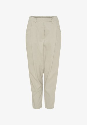 Lys beige bukser med et fiskebensmønster, der har en talje, forlommer og en tapered ben-design. Glat tekstur.