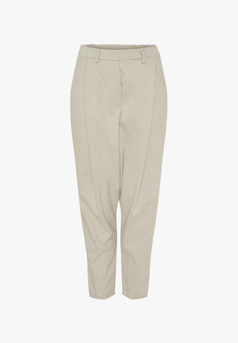 Lys beige bukser med et fiskebensmønster, der har en talje, forlommer og en tapered ben-design. Glat tekstur.