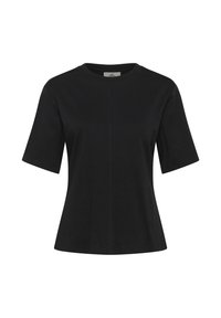 T-shirt nera a maniche corte con scollatura rotonda e vestibilità morbida, caratterizzata da una cucitura centrale sul davanti.