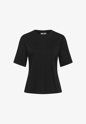 Svart t-shirt med kort ärm och rund halsringning, i en avslappnad passform, med en centralt sömdetalj fram.