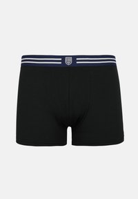 Meeste mustad bokserid tumelava värviga vöökohaga, millel on kaks valget horisontaalset triipu ja keskel ees väike kilbilogo.