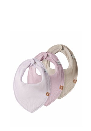 Three ribbed fabric baby bibs in beige, pink, and light purple, each with snap closures and small brown brand tags.