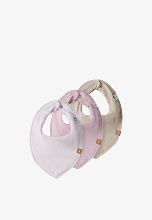 Three ribbed fabric baby bibs in beige, pink, and light purple, each with snap closures and small brown brand tags.