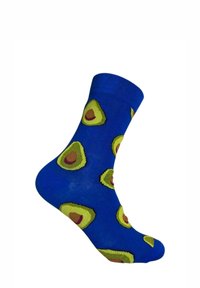 Calcetín azul hecho de una mezcla de algodón, con patrones de aguacates verdes y huesos marrones. Destaca el puño con relieve y la construcción sin costuras en la punta.