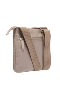 Borsa a tracolla beige con tessuto testurizzato, tracolla regolabile, tasca con zip sul retro e dettagli in robusto metallo argentato.