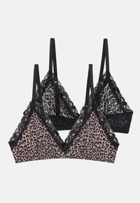 Bralette in stampa leopardata con bordi in pizzo nero, caratterizzato da una forma triangolare e spalline regolabili. Tessuto morbido con un interno testurizzato. Confezione da due.