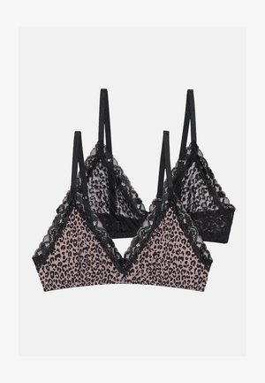 Leopardmönstrad bralette med svart spetskant, i triangelmodell och justerbara axelremmar. Mjuk tyg med en texturerad insida. Förpackning med två.