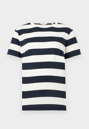Short-sleeve crew neck T-shirt with wide horizontal navy blue and white stripes on a plain background.