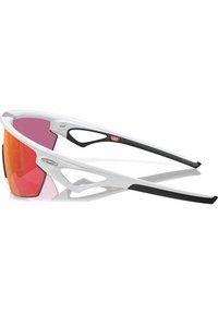Gafas de sol deportivas con montura blanca y lentes rosa-naranja. Presentan un diseño elegante, material ligero y acentos negros en las patillas.
