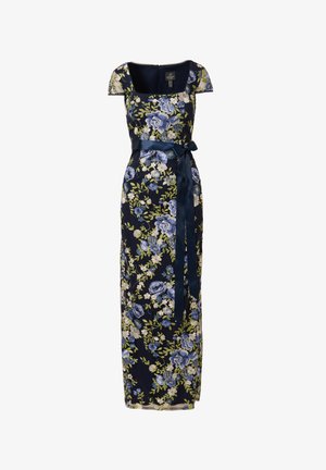 Abendkleid mit Blumenmuster in Marineblau, mit blauen und weißen Blumen, quadratischem Ausschnitt, kurzen Ärmeln und einem passenden Satinhüftgurt.