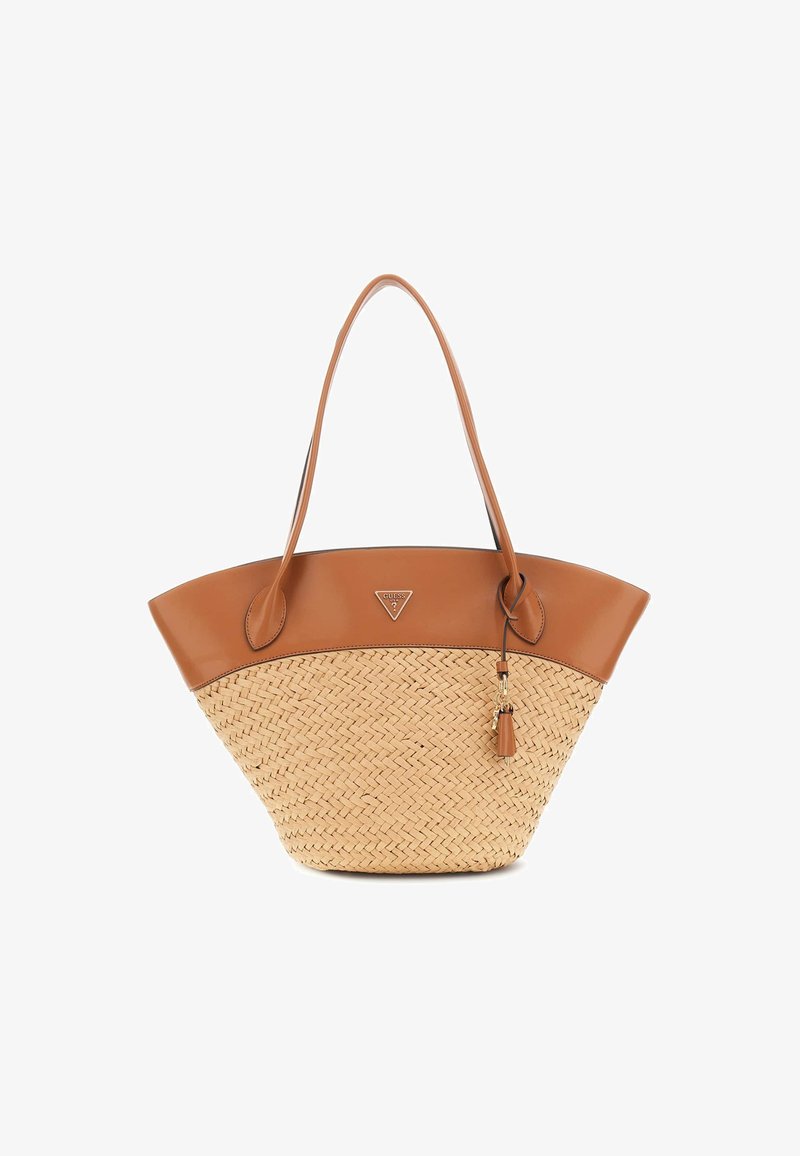 Geflochtener Strohtasche mit braunen Lederakzenten, die ein dreieckiges Logo, lange Griffe und ein dekoratives Quastendetail aufweist.