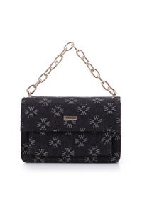 Sac à main en tissu noir avec un motif de flocon de neige argenté, chaîne dorée, fermeture à rabat et une petite plaque logo à l'avant.