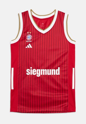 Rød basketballtrøje med lodrette striber, hvide kanter, FC Bayern München-logo, Adidas-logo og sponsorens navn "siegmund" på forsiden.