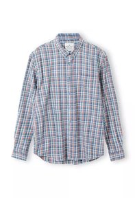 Koszula zapinana na guziki w niebieską, czerwoną i białą kratę; posiada kołnierzyk, długie rękawy i jedną kieszeń na piersi; wykonana z lekkiego materiału.