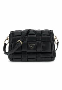 Borsa a tracolla in ecopelle nera trapuntata con finiture dorate, tracolla e placca con logo frontale. Forma rettangolare compatta con design testurizzato.