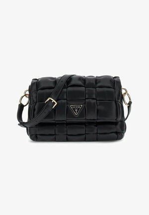 Borsa a tracolla in ecopelle nera trapuntata con finiture dorate, tracolla e placca con logo frontale. Forma rettangolare compatta con design testurizzato.