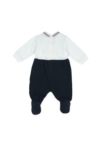 Combi-short bleu marine avec un haut blanc, comportant un col avec deux rayures noires, des boutons sur le devant, et des poignets et jambes élastiqués.