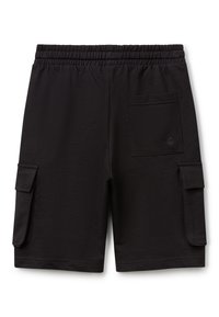 Shorts cargo noirs en tissu doux, avec une taille élastique, des poches latérales et une poche arrière avec un petit logo.