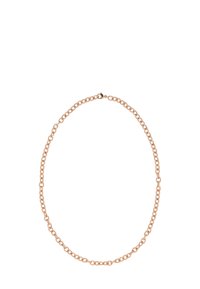 Rundkæde lavet af metal med en poleret rosenguldfinish. Har en spænde-lukning og en glat, tekstureret overflade.