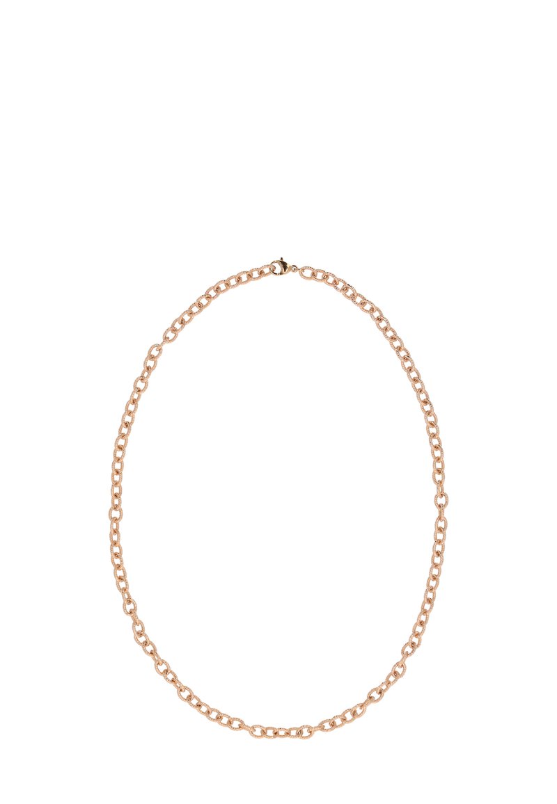 Rundkæde lavet af metal med en poleret rosenguldfinish. Har en spænde-lukning og en glat, tekstureret overflade.