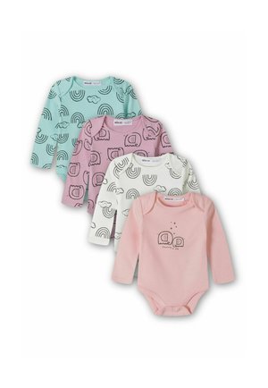 Vier Langarm-Body: Mint mit Wolken, Pink mit Elefanten, Weiß mit Regenbogen und Hellpink mit Tierdruck. Baumwollmaterial.