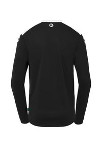 Langærmet sort skjorte med hvid krave og skulderdetaljer. Har en rund halsudskæring og et logo på ryggen. Glat tekstur.