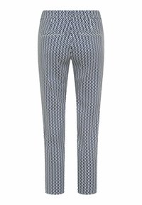 Pantalon ajusté avec un motif losange bleu et blanc, doté de deux poches passepoilées à l'arrière et d'une coupe droite au niveau des jambes.