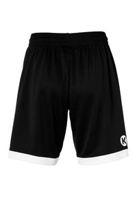 Schwarze Sportshorts mit weißen Besätzen am Saum und einem elastischen Bund. Mit einem Logo am unteren rechten Bein. Glattes, leichtes Material.
