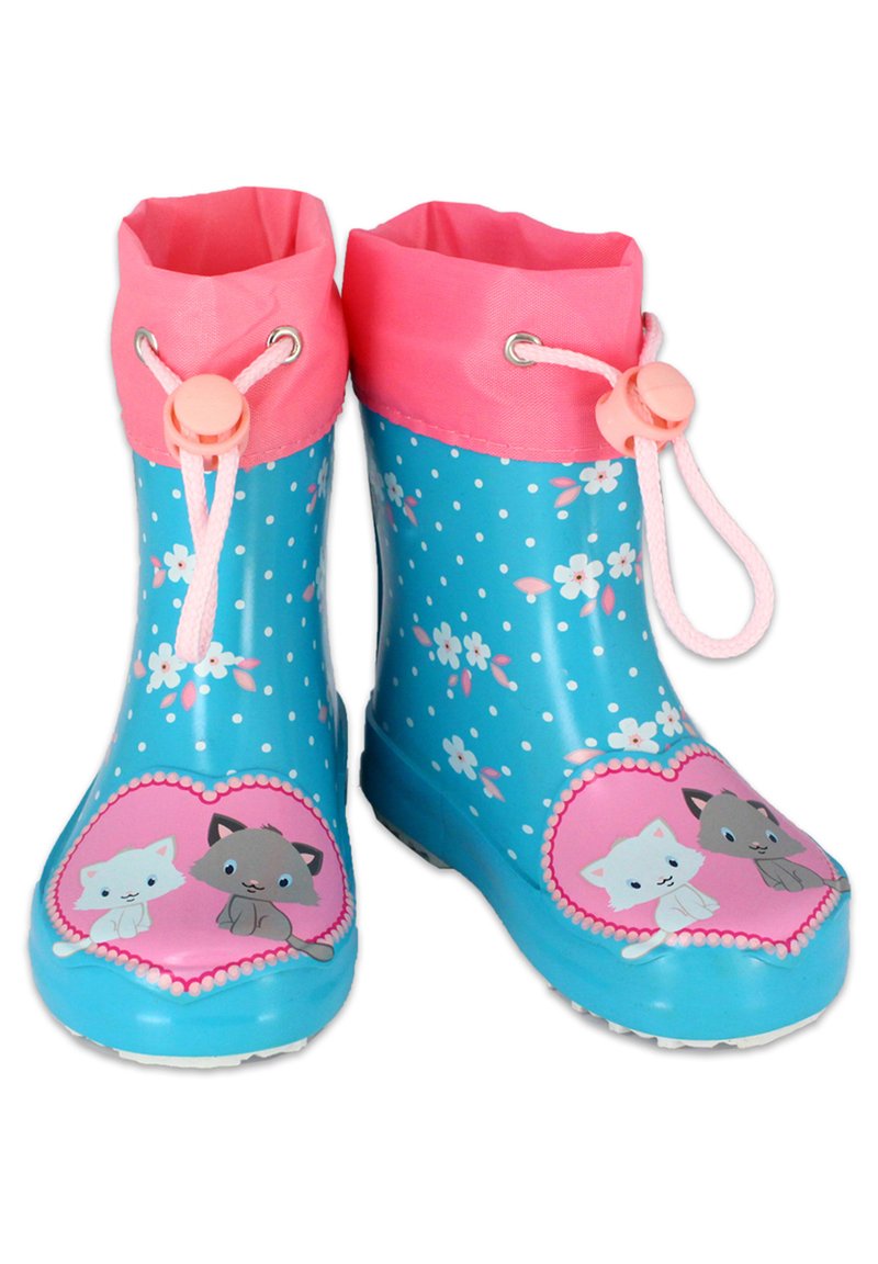 Bottes de pluie en caoutchouc bleu avec des accents roses, présentant un motif à pois et des détails floraux. Illustrations de deux chats sur les bouts.