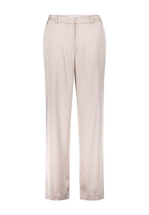 Beige lige bukser lavet af glat stof, med flad front, bæltestropper og sidelommer. Skræddersyet design for en strømlinet pasform.