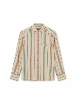 Hosszú ujjú bézs ing függőleges narancs, zöld és barna csíkokkal, gombos elülső résszel, gallérral és bal oldali mellzsebbel, amelyen gomb található.