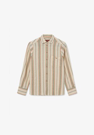 Hosszú ujjú bézs ing függőleges narancs, zöld és barna csíkokkal, gombos elülső résszel, gallérral és bal oldali mellzsebbel, amelyen gomb található.