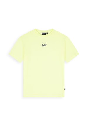 Lichtgele korte mouwen T-shirt met ronde hals en klein zwart "Ballin" logo centraal op de borst.
