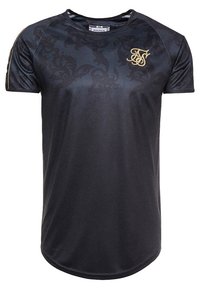 Camiseta atlética negra de manga corta con un sutil patrón floral oscuro, dobladillo redondeado y logo "SikSilk" bordado en dorado en el lado izquierdo del pecho.