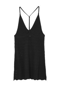 Débardeur noir sans manches en crochet avec un col en V et des bretelles fines formant un design en T dans le dos.