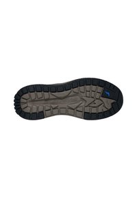 Suela de zapato Skechers con un diseño durable, que presenta una suela exterior de goma negra, ranuras texturizadas y una entresuela gris con un acento de logo azul.