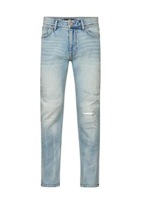 Jeans in denim azzurro chiaro con vestibilità dritta, caratterizzati da sfumature, aree sbiadite e strappi sulle ginocchia. Dettagli in metallo per bottone e rivetti.