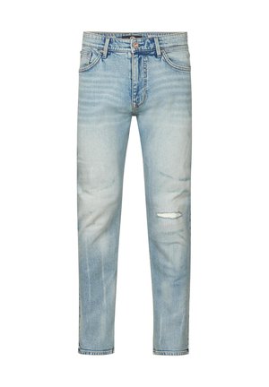 Lichtblauwe denim jeans met een recht model, voorzien van wassing, vervaagde delen en een scheur bij de knie. Metalen knopen en klinknagels als accenten.