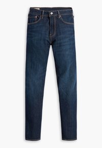 Mörkblå jeans i denim, med rak skärning, femfickdesign och kontrasterande orange sömnad längs sömmar och fickor.