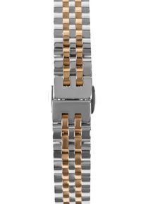 Correa de reloj metálica que presenta eslabones alternos en plata y oro, con un acabado suave y pulido. El herraje incluye un mecanismo de cierre seguro.