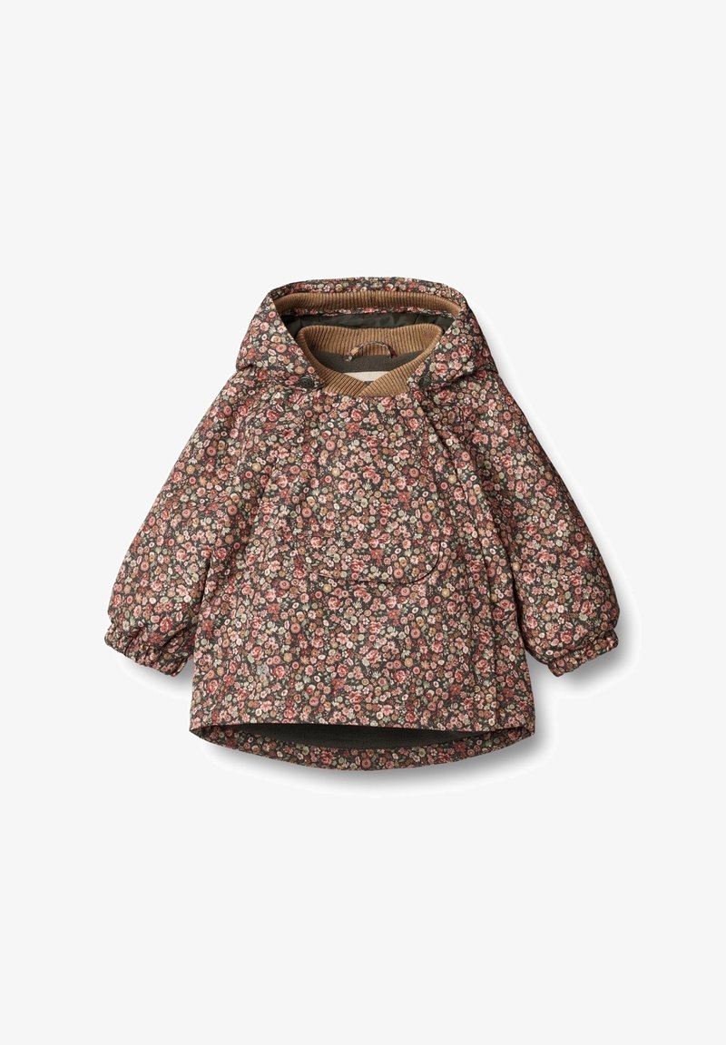 Bloemige pufferjack met een bruine basis, voorzien van een roze en crèmekleurig bloemenpatroon, een capuchon en elastische manchetten voor een comfortabele pasvorm.