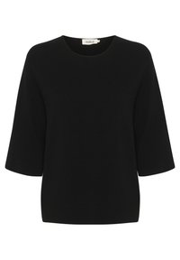 Black short-sleeve top made from lightweight fabric, featuring a round neckline and a relaxed fit. The texture appears smooth and soft.