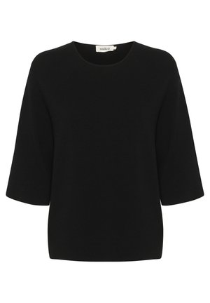 Black short-sleeve top made from lightweight fabric, featuring a round neckline and a relaxed fit. The texture appears smooth and soft.